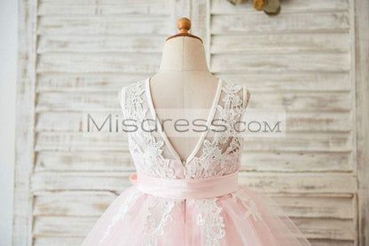 Ivory Lace Pink Tulle Wedding Flower Girl Dress With V Back - Flower Girl Dresses