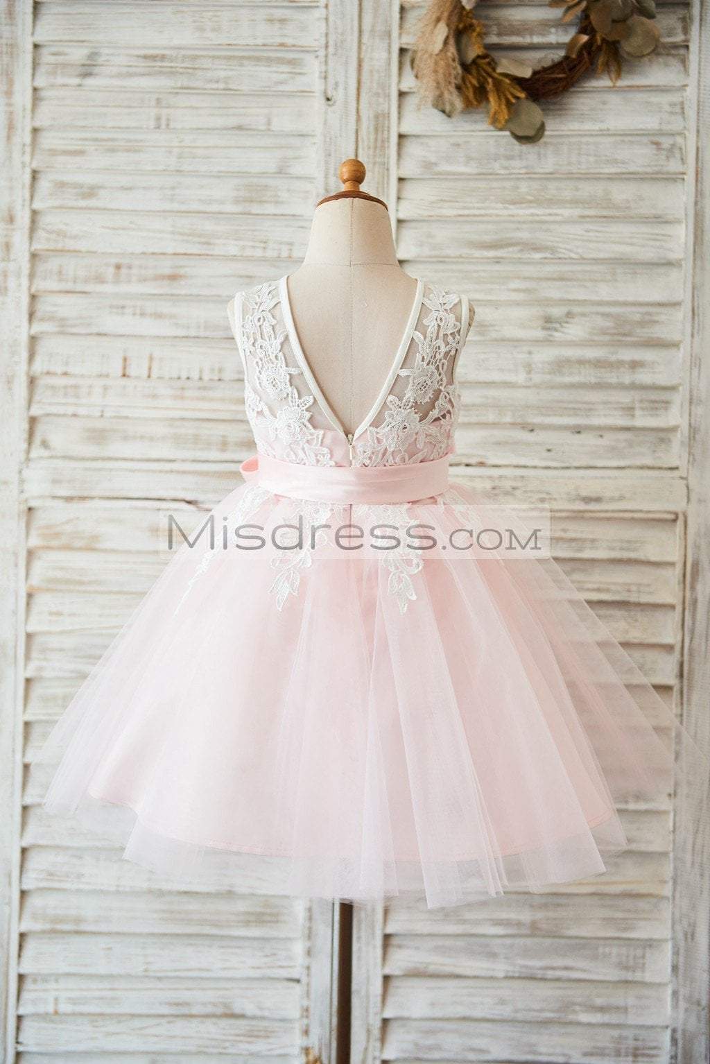 Ivory Lace Pink Tulle Wedding Flower Girl Dress With V Back - Flower Girl Dresses