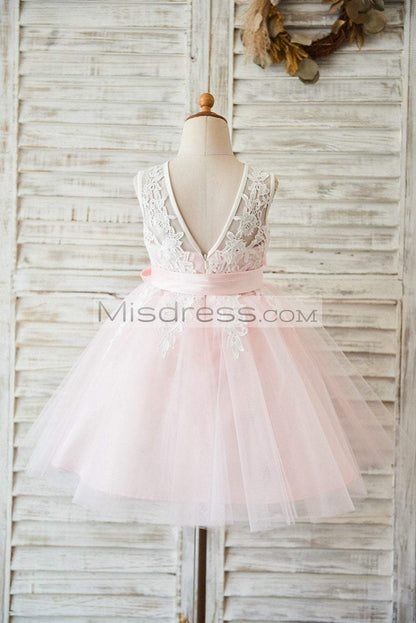 Ivory Lace Pink Tulle Wedding Flower Girl Dress With V Back - Flower Girl Dresses