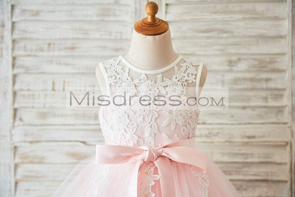 Ivory Lace Pink Tulle Wedding Flower Girl Dress With V Back - Flower Girl Dresses
