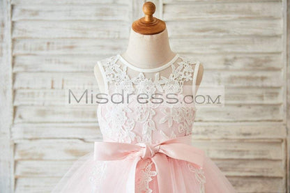 Ivory Lace Pink Tulle Wedding Flower Girl Dress With V Back - Flower Girl Dresses