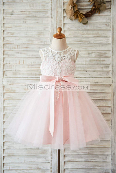 Ivory Lace Pink Tulle Wedding Flower Girl Dress With V Back - Flower Girl Dresses