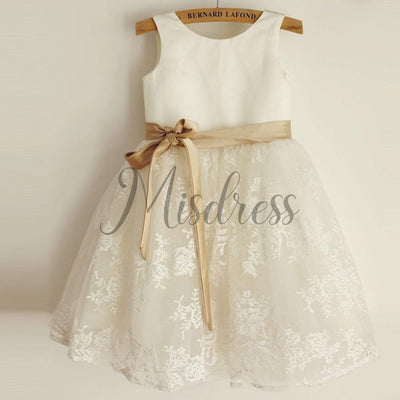 Ivory Lace Satin Wedding Flower Girl Dress with Champagne Belt - Flower Girl Dresses