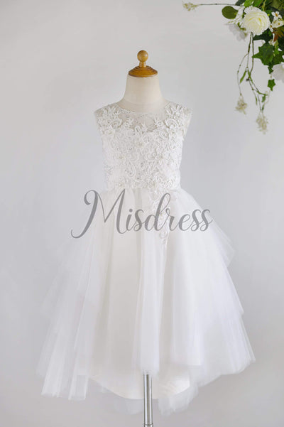 Ivory Lace Sequin Tulle Hi-low Wedding Flower Girl Dress - Flower Girl Dresses
