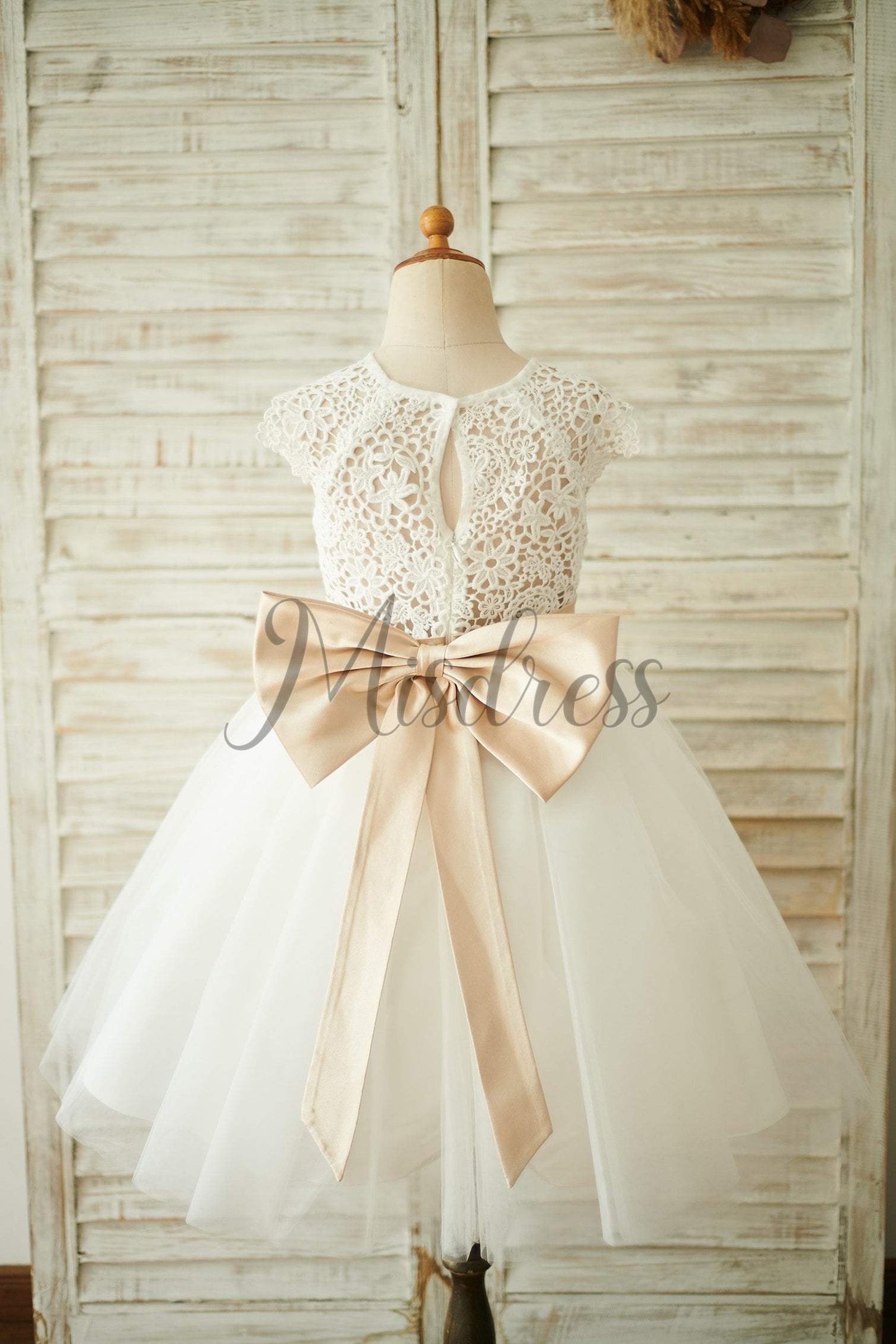 Ivory Lace Tulle Cap Sleeves Wedding Flower Girl Dress with Bow - Flower Girl Dresses