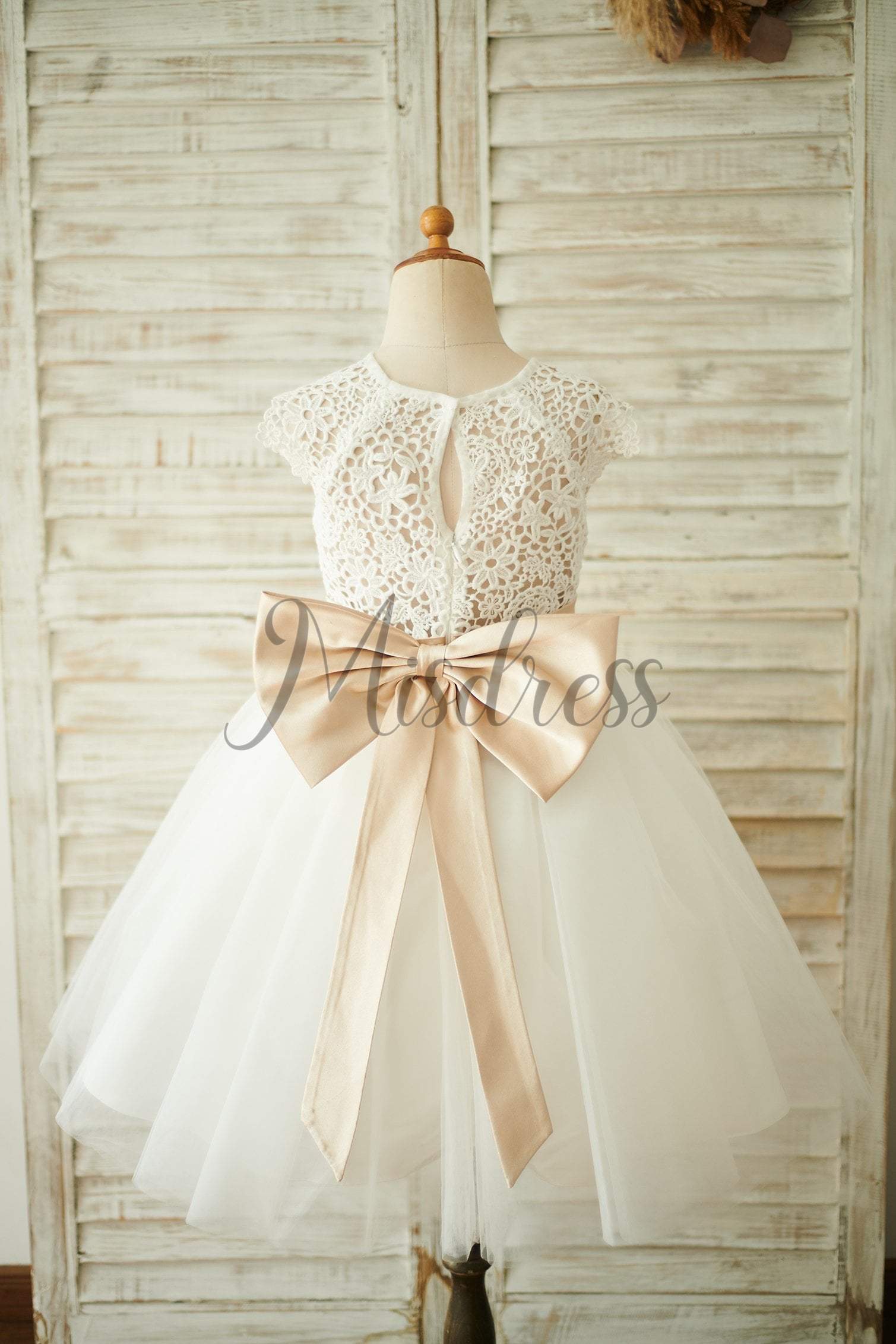 Ivory Lace Tulle Cap Sleeves Wedding Flower Girl Dress with Bow - Flower Girl Dresses
