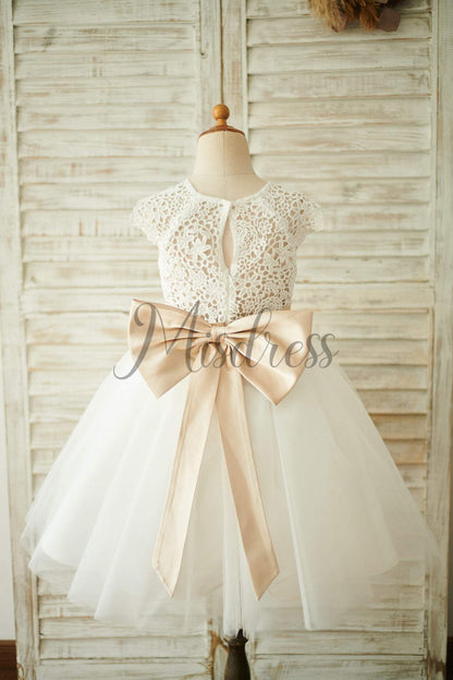 Ivory Lace Tulle Cap Sleeves Wedding Flower Girl Dress with Bow - Flower Girl Dresses