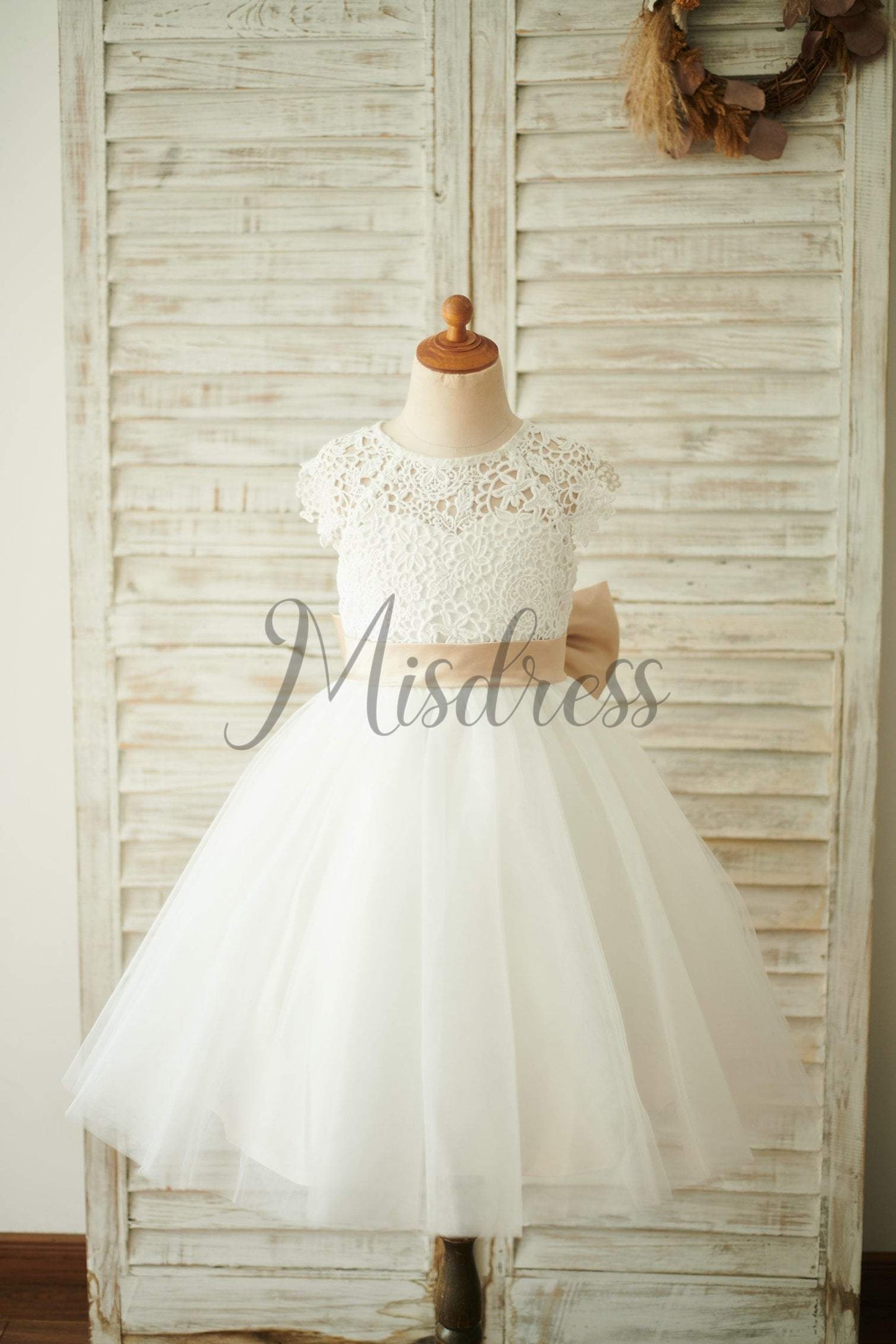 Ivory Lace Tulle Cap Sleeves Wedding Flower Girl Dress with Bow - Flower Girl Dresses