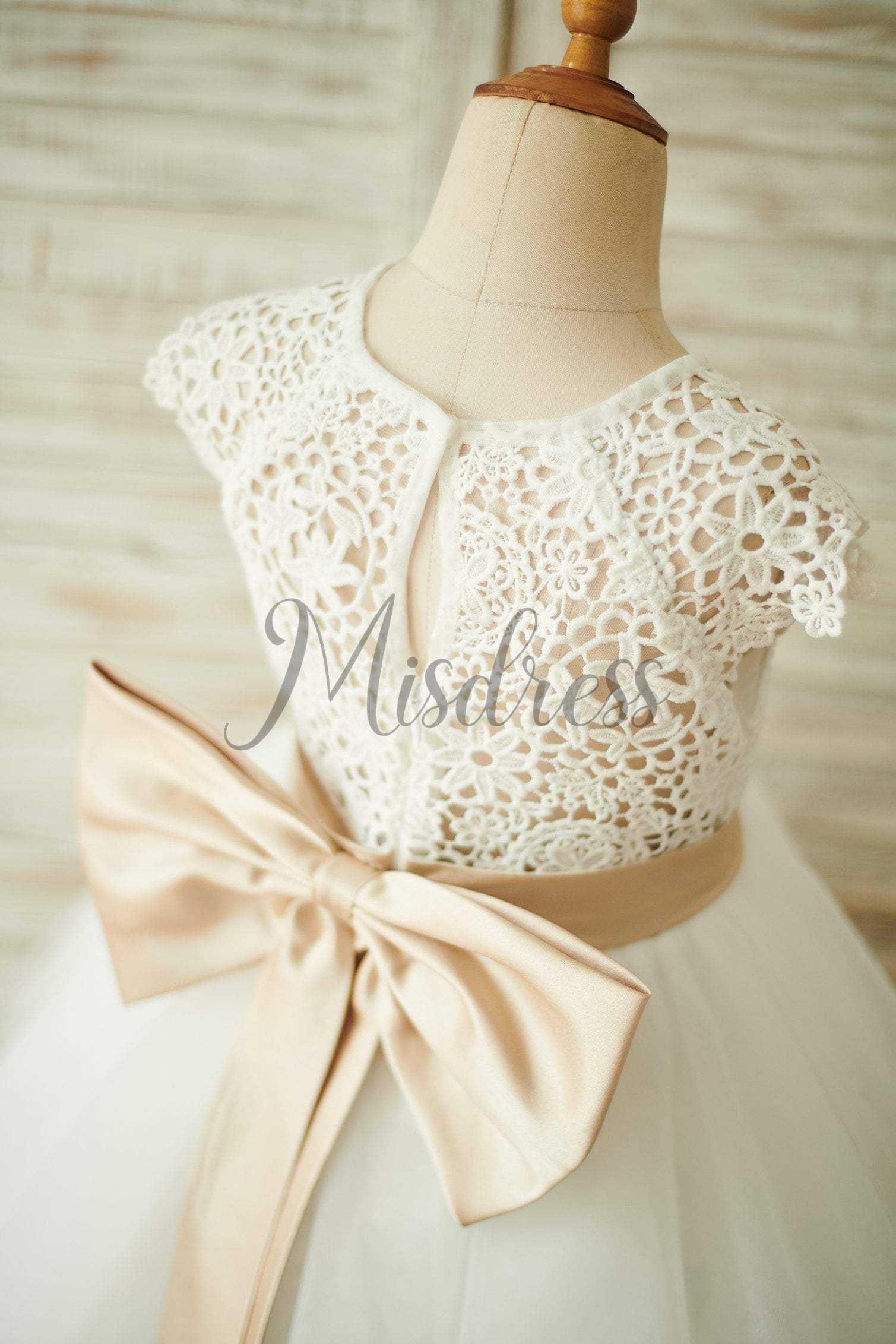 Ivory Lace Tulle Cap Sleeves Wedding Flower Girl Dress with Bow - Flower Girl Dresses