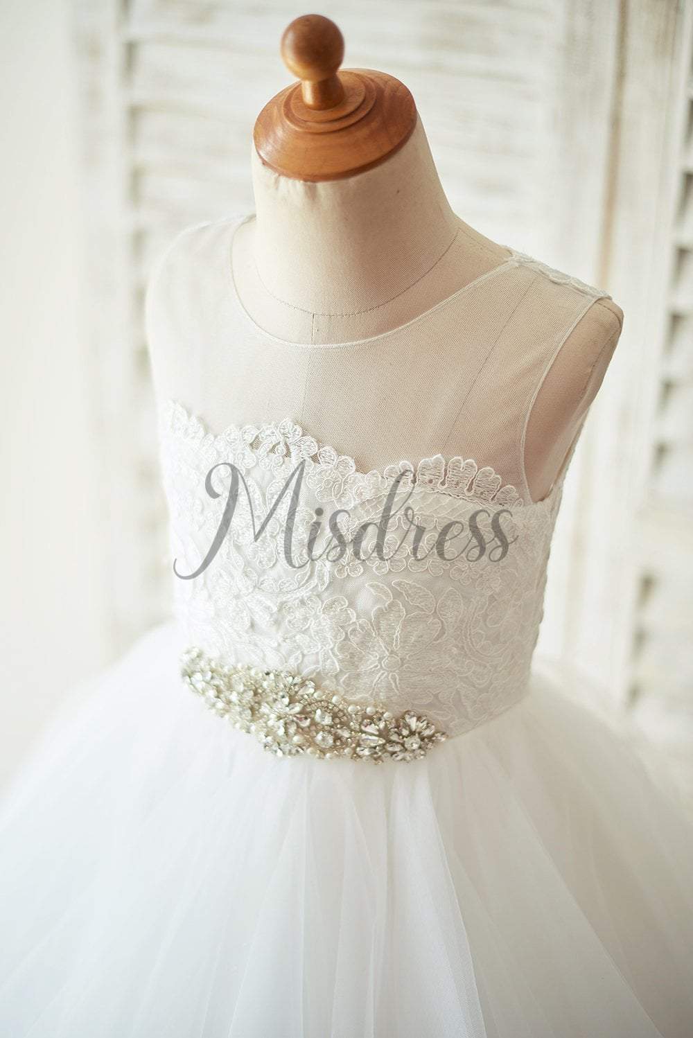 Ivory Lace Tulle Keyhole Backless Wedding Flower Girl Dress - Flower Girl Dresses