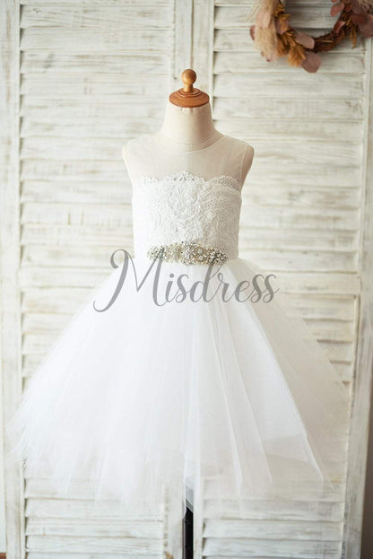 Ivory Lace Tulle Keyhole Backless Wedding Flower Girl Dress - Flower Girl Dresses