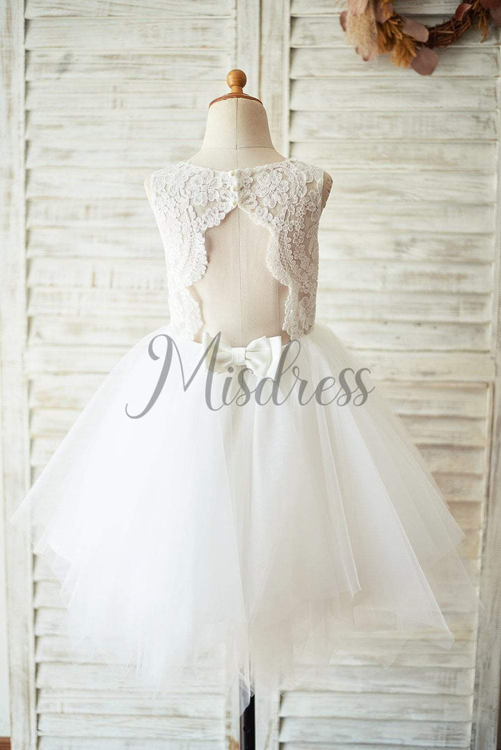 Ivory Lace Tulle Keyhole Backless Wedding Flower Girl Dress - Flower Girl Dresses