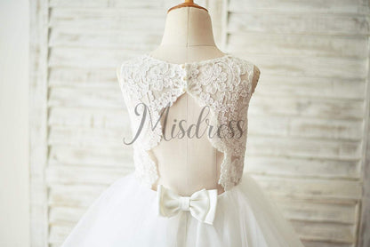 Ivory Lace Tulle Keyhole Backless Wedding Flower Girl Dress - Flower Girl Dresses