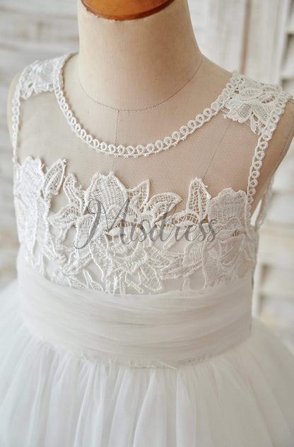Ivory Lace Tulle Keyhole Back Wedding Flower Girl Dress - Flower Girl Dresses