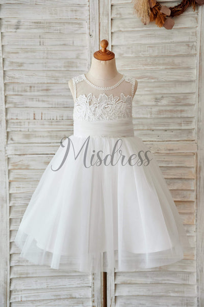 Ivory Lace Tulle Keyhole Back Wedding Flower Girl Dress - Flower Girl Dresses