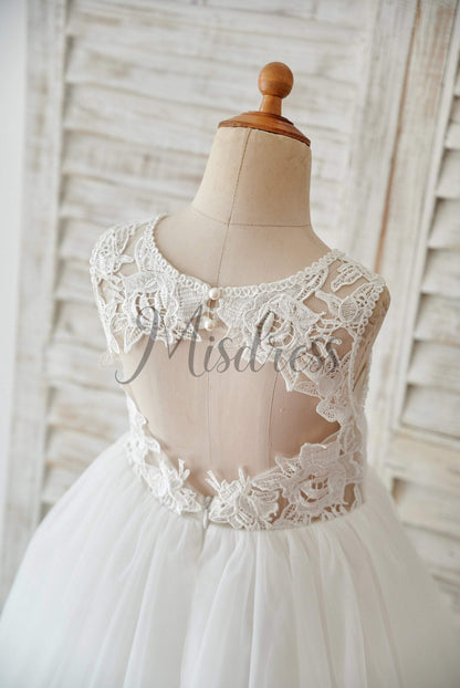 Ivory Lace Tulle Keyhole Back Wedding Flower Girl Dress - Flower Girl Dresses
