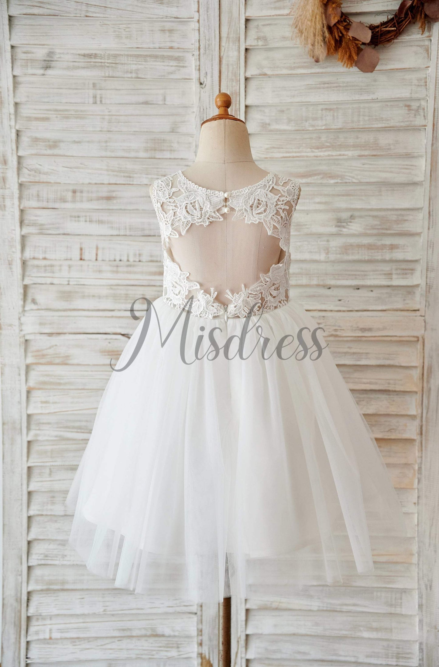 Ivory Lace Tulle Keyhole Back Wedding Flower Girl Dress - Flower Girl Dresses