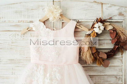 Ivory Lace Tulle Pink Satin Wedding Flower Girl Dress - Flower Girl Dresses