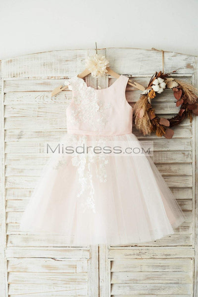Ivory Lace Tulle Pink Satin Wedding Flower Girl Dress - Flower Girl Dresses