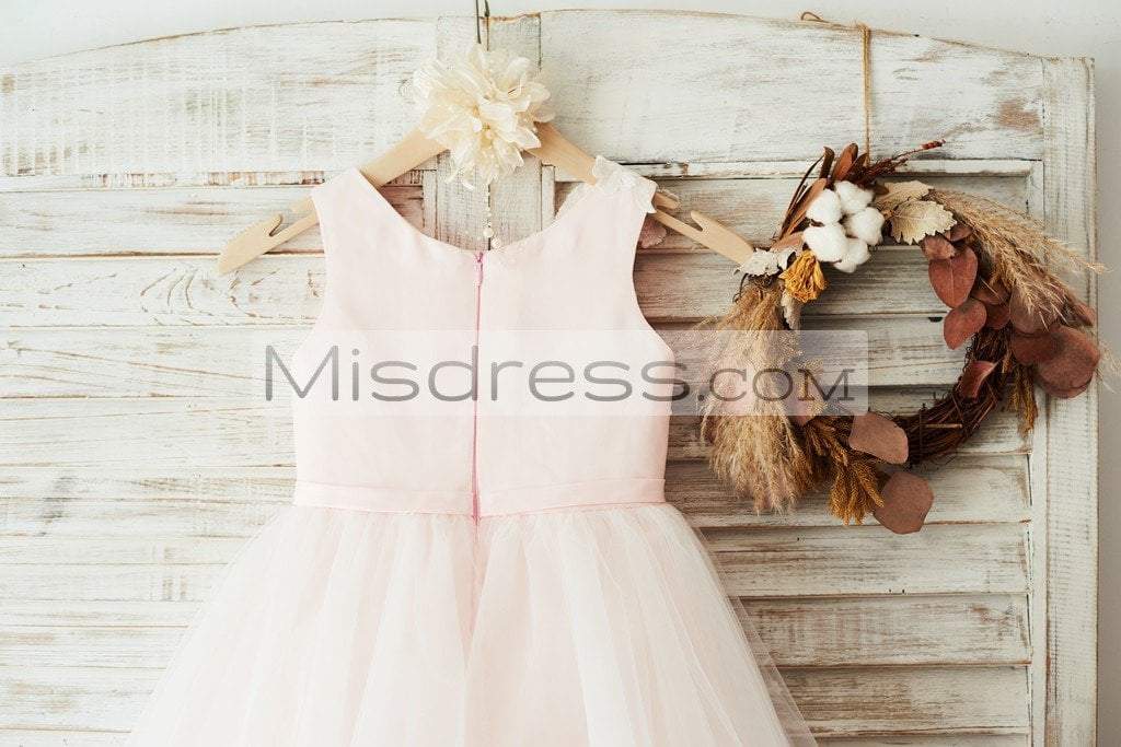 Ivory Lace Tulle Pink Satin Wedding Flower Girl Dress - Flower Girl Dresses