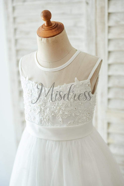 Ivory Lace tulle Wedding Flower Girl Dress with bows - Flower Girl Dresses