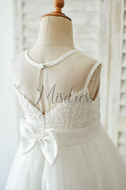 Ivory Lace tulle Wedding Flower Girl Dress with bows - Flower Girl Dresses
