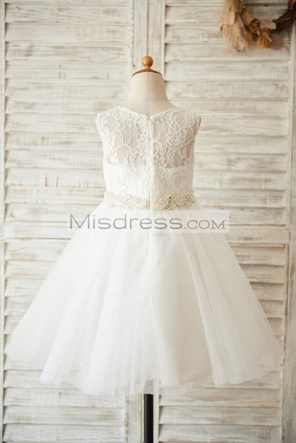 Ivory Lace Tulle Wedding Flower Girl Dress with Beaded Belt - Flower Girl Dresses