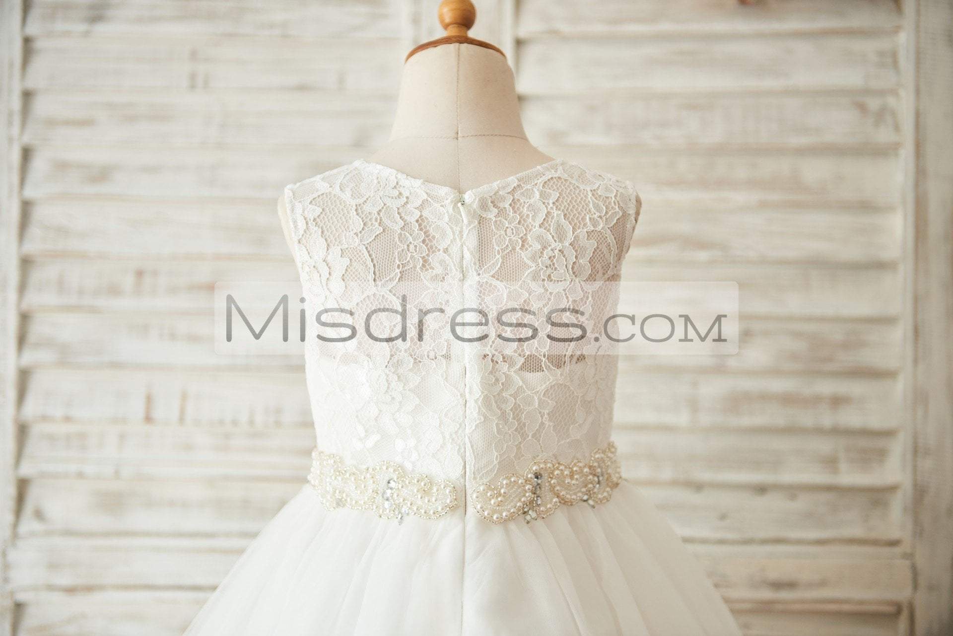 Ivory Lace Tulle Wedding Flower Girl Dress with Beaded Belt - Flower Girl Dresses