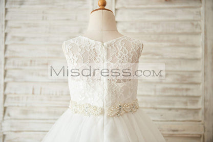 Ivory Lace Tulle Wedding Flower Girl Dress with Beaded Belt - Flower Girl Dresses