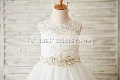 Ivory Lace Tulle Wedding Flower Girl Dress with Beaded Belt - Flower Girl Dresses