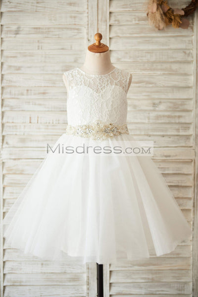 Ivory Lace Tulle Wedding Flower Girl Dress with Beaded Belt - Flower Girl Dresses