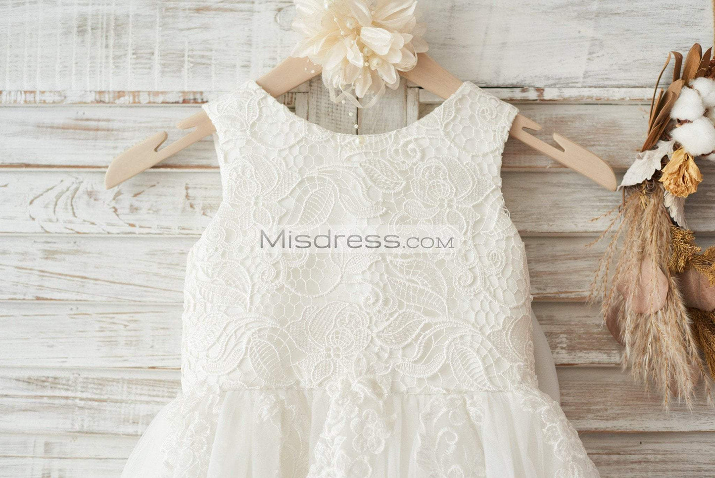 Ivory Lace Tulle Wedding Flower Girl Dress With Big Bow - Flower Girl Dresses