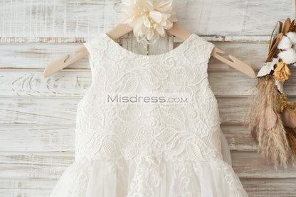Ivory Lace Tulle Wedding Flower Girl Dress With Big Bow - Flower Girl Dresses