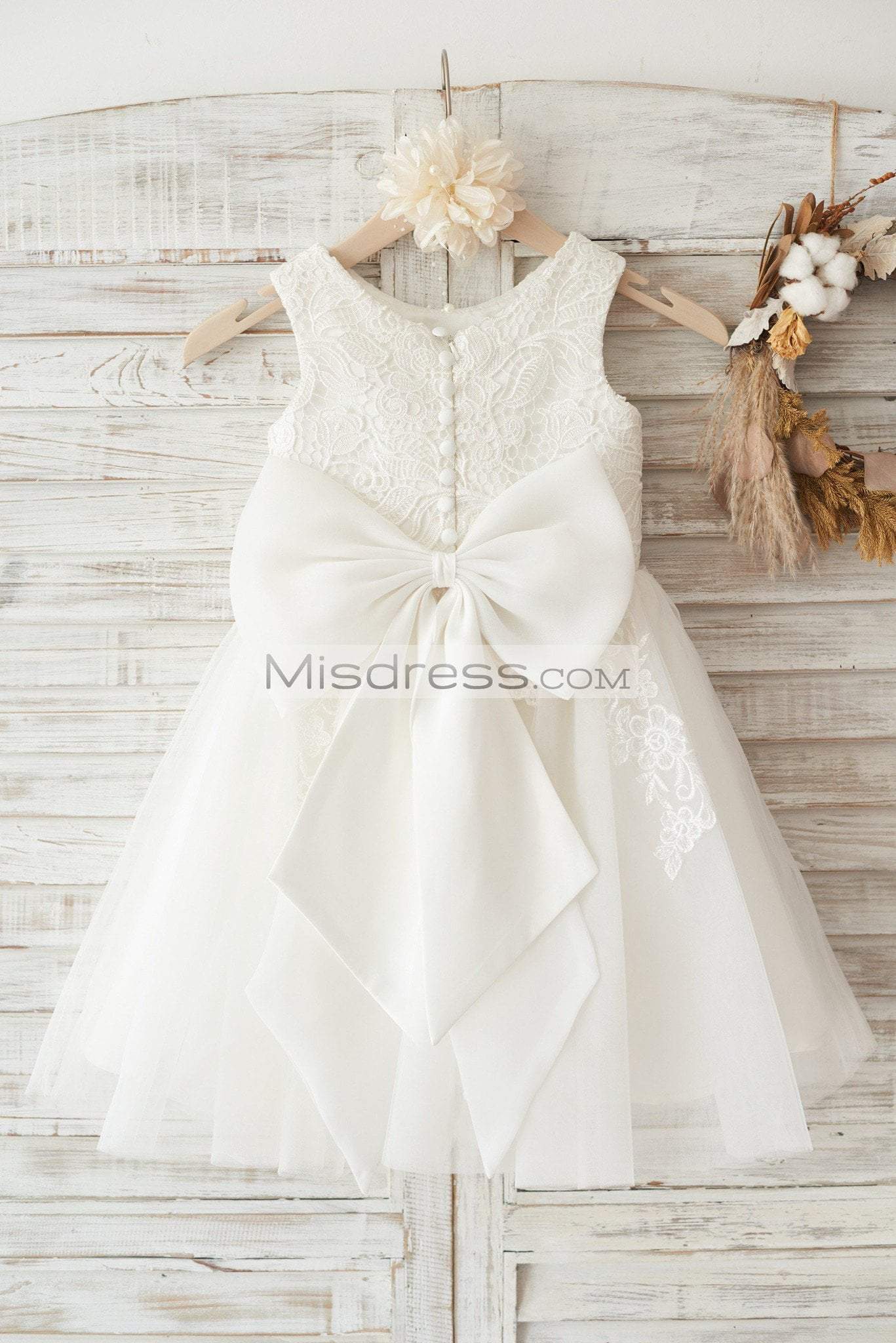 Ivory Lace Tulle Wedding Flower Girl Dress With Big Bow - Flower Girl Dresses