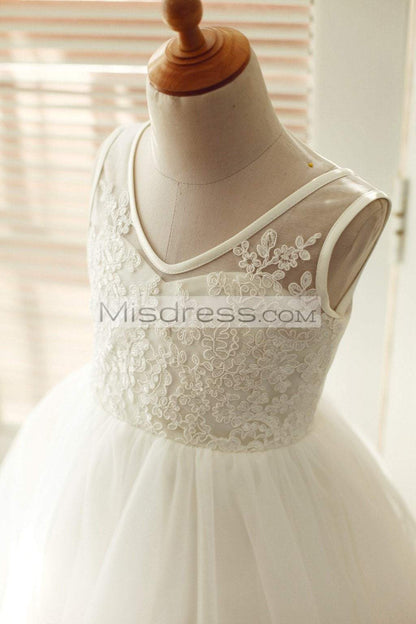 V Back Ivory Lace Tulle Wedding Flower Girl Dress - Flower Girl Dresses