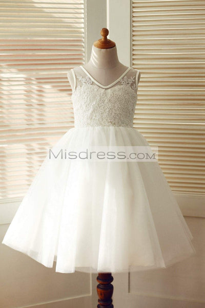 V Back Ivory Lace Tulle Wedding Flower Girl Dress - Flower Girl Dresses