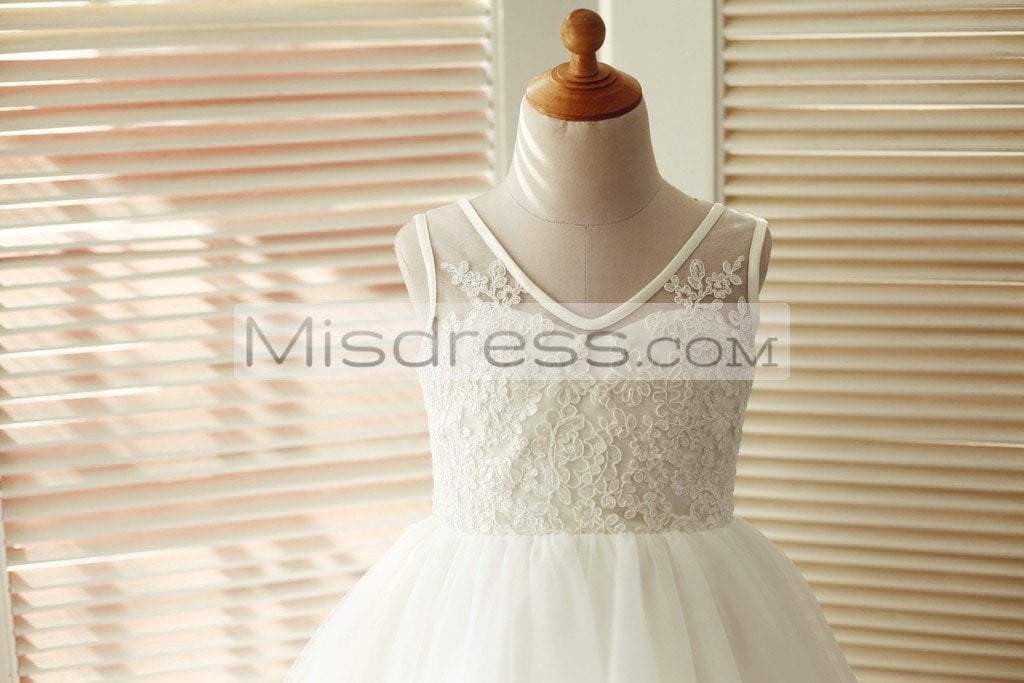 V Back Ivory Lace Tulle Wedding Flower Girl Dress - Flower Girl Dresses