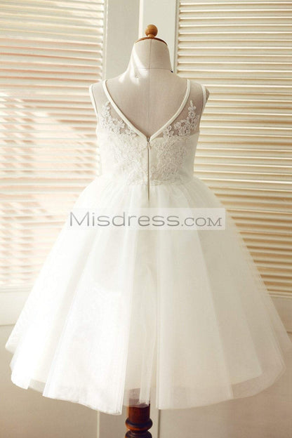 V Back Ivory Lace Tulle Wedding Flower Girl Dress - Flower Girl Dresses