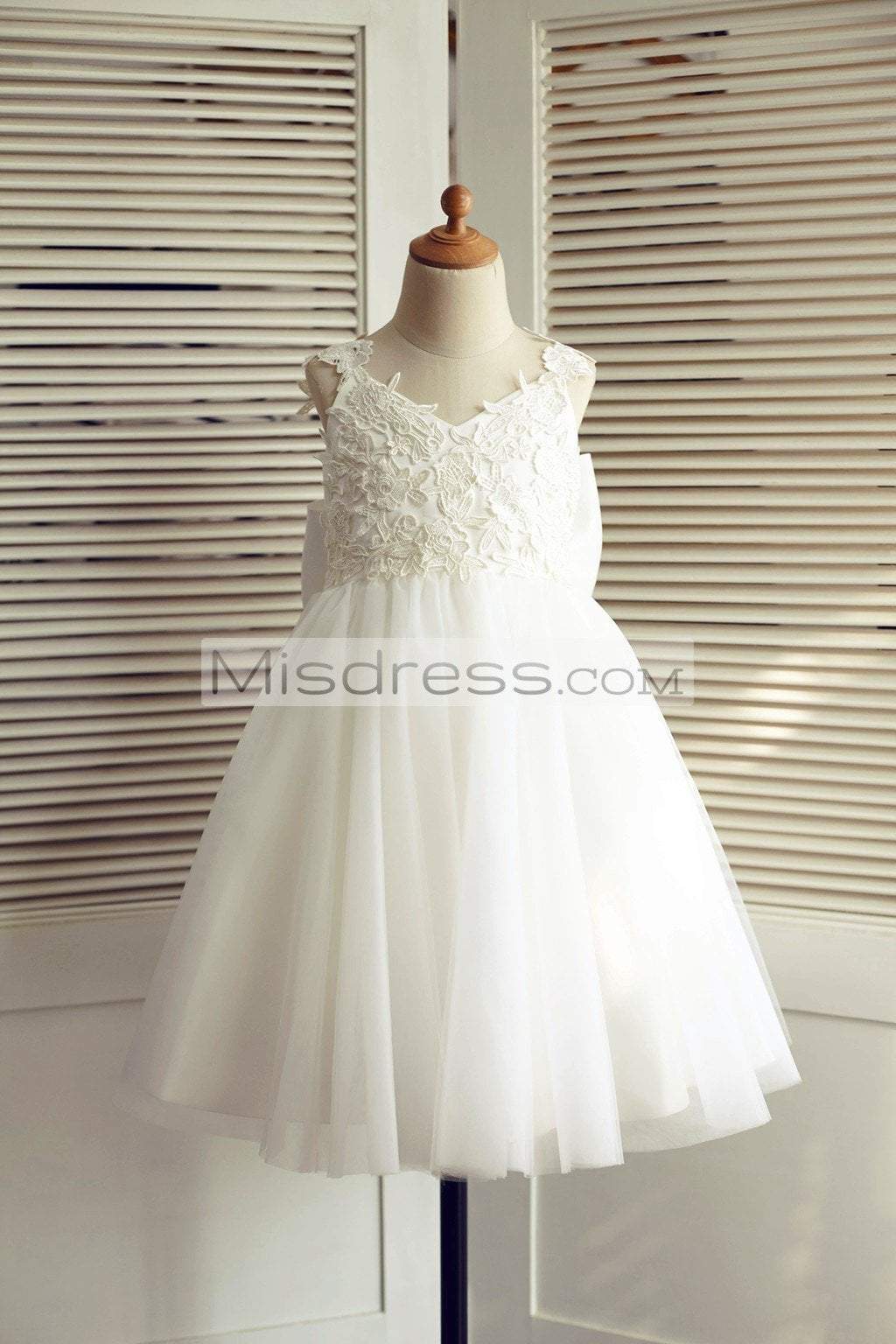 Ivory Lace Tulle V Back Wedding Flower Girl Dress With Big Bow - Flower Girl Dresses