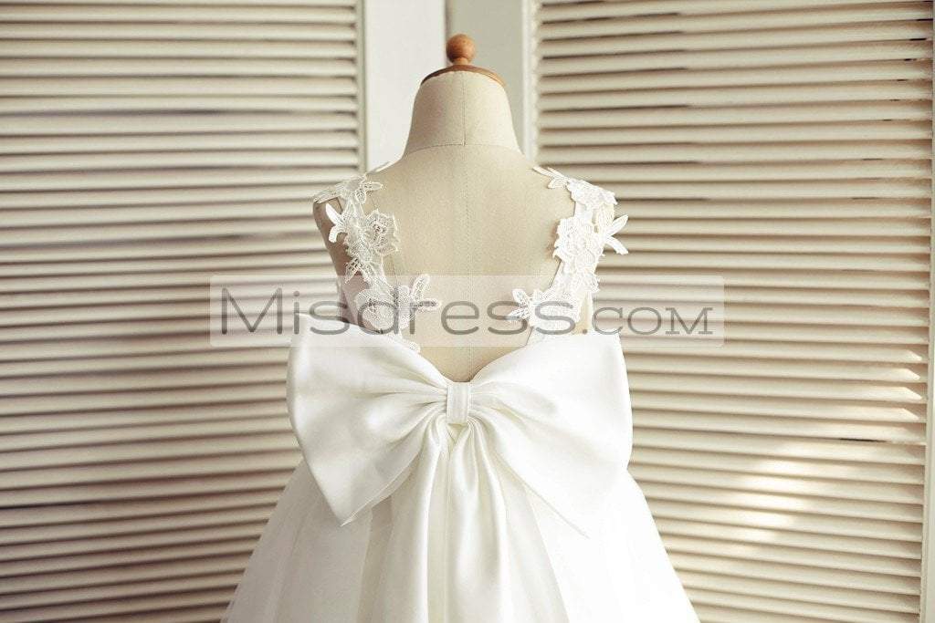 Ivory Lace Tulle V Back Wedding Flower Girl Dress With Big Bow - Flower Girl Dresses