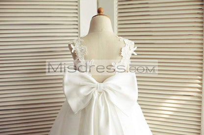 Ivory Lace Tulle V Back Wedding Flower Girl Dress With Big Bow - Flower Girl Dresses