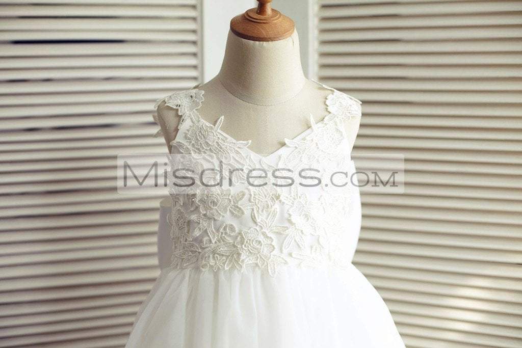 Ivory Lace Tulle V Back Wedding Flower Girl Dress With Big Bow - Flower Girl Dresses