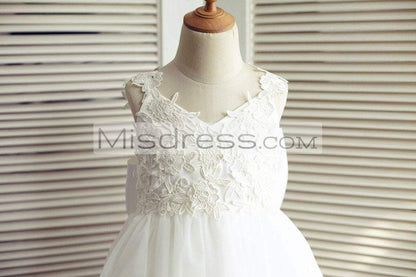 Ivory Lace Tulle V Back Wedding Flower Girl Dress With Big Bow - Flower Girl Dresses