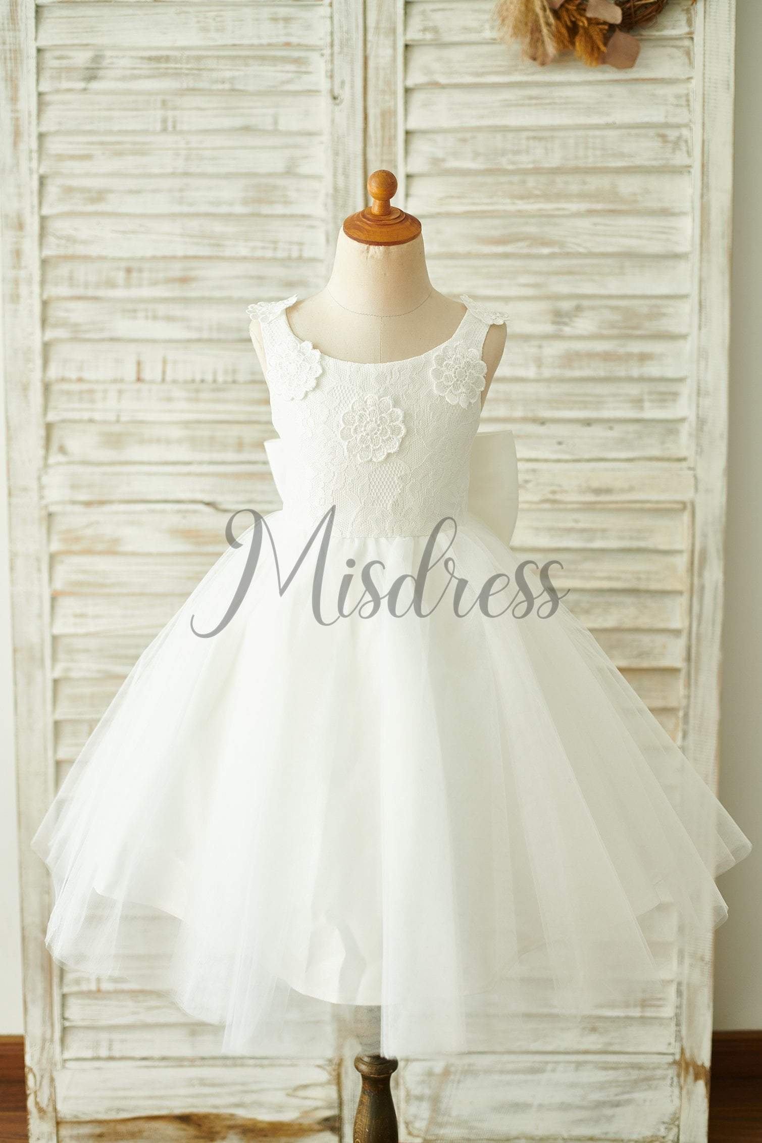 Ivory Lace Tulle Straps Wedding Flower Girl Dress with Big Bow - Flower Girl Dresses