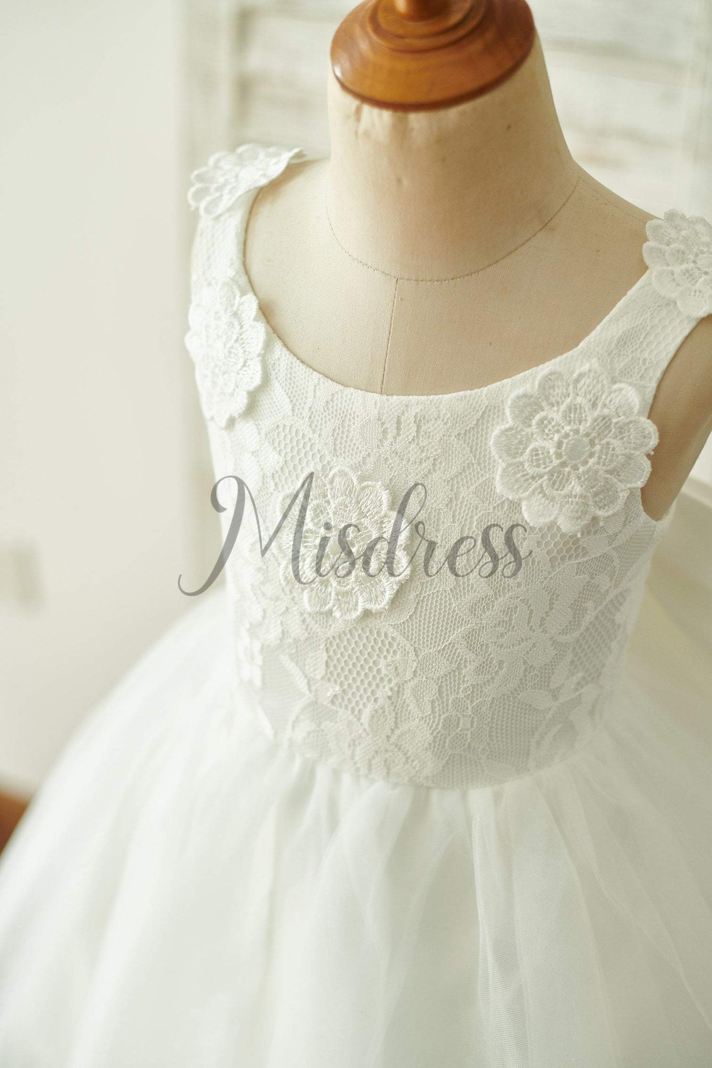 Ivory Lace Tulle Straps Wedding Flower Girl Dress with Big Bow - Flower Girl Dresses