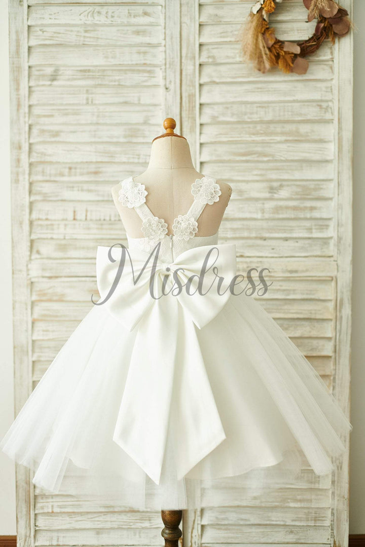 Ivory Lace Tulle Straps Wedding Flower Girl Dress with Big Bow - Flower Girl Dresses