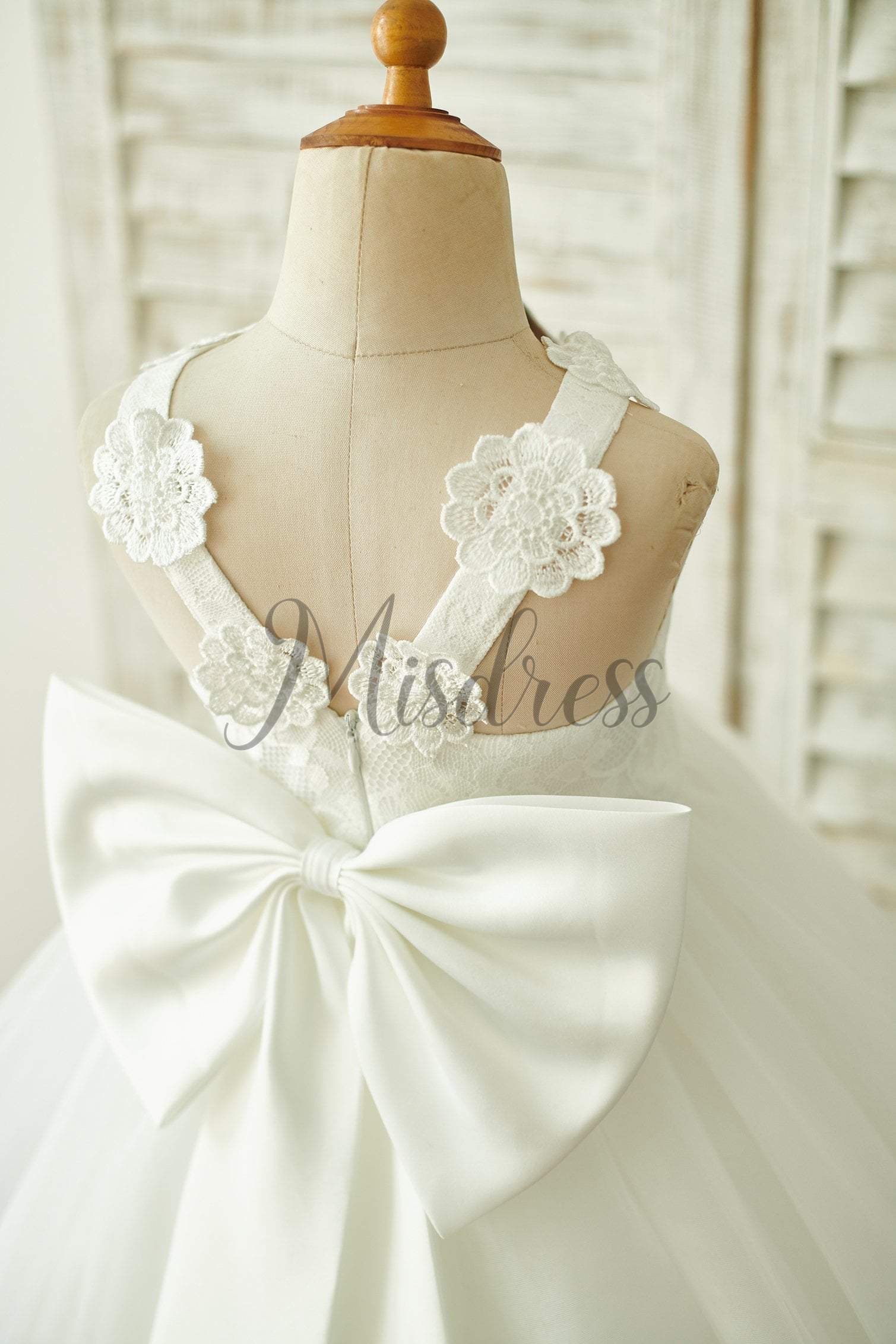 Ivory Lace Tulle Straps Wedding Flower Girl Dress with Big Bow - Flower Girl Dresses