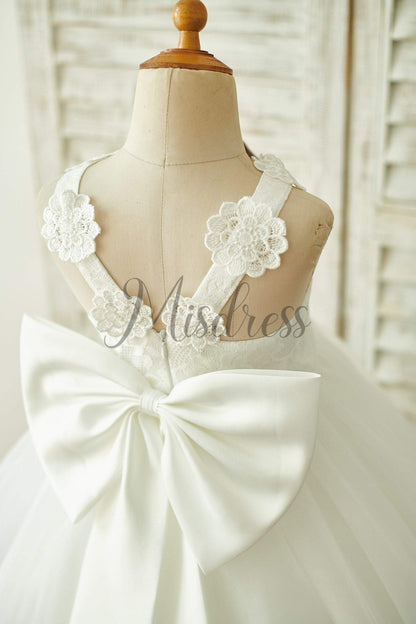 Ivory Lace Tulle Straps Wedding Flower Girl Dress with Big Bow - Flower Girl Dresses