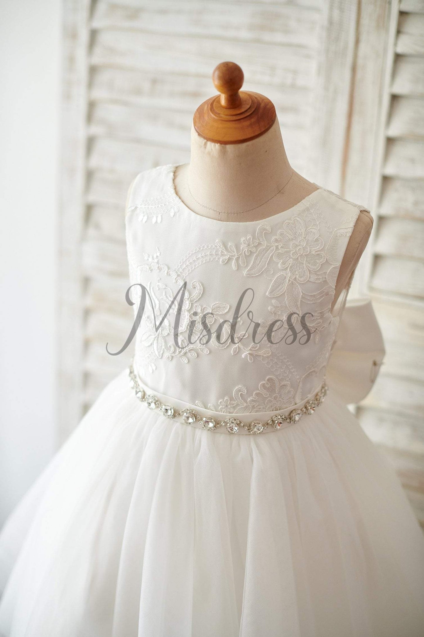 Princess V Back Ivory Lace Tulle Wedding Flower Girl Dress With Big Bow - Flower Girl Dresses