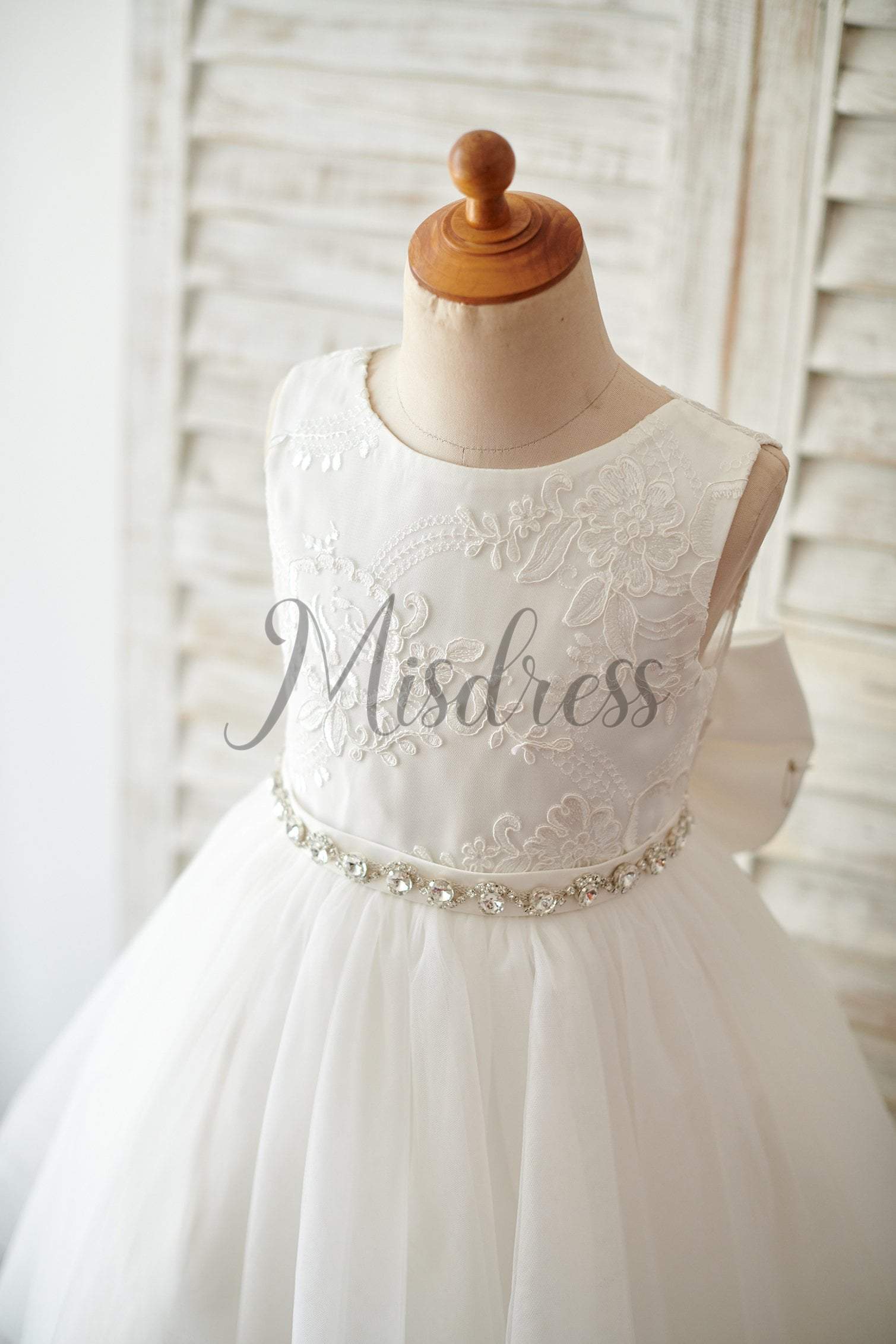 Princess V Back Ivory Lace Tulle Wedding Flower Girl Dress With Big Bow - Flower Girl Dresses
